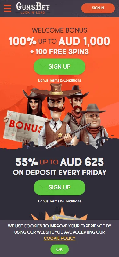 Gunsbet Casino mobile promotions interface with bonus offers