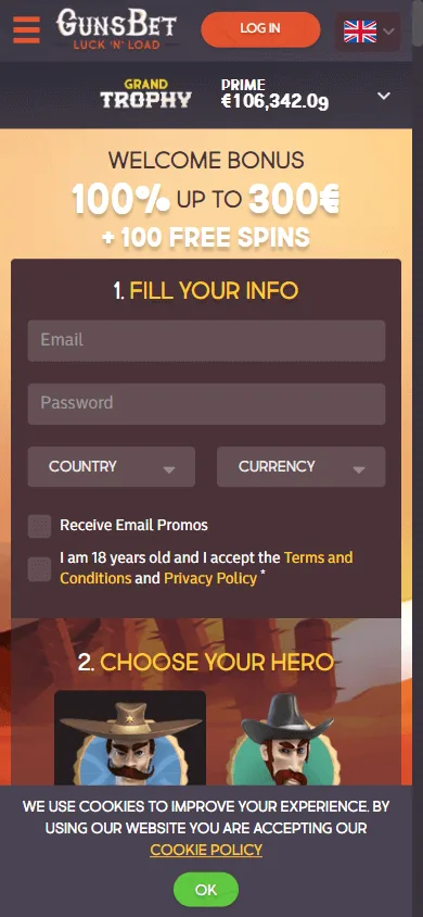 Gunsbet Casino mobile home interface on a smartphone