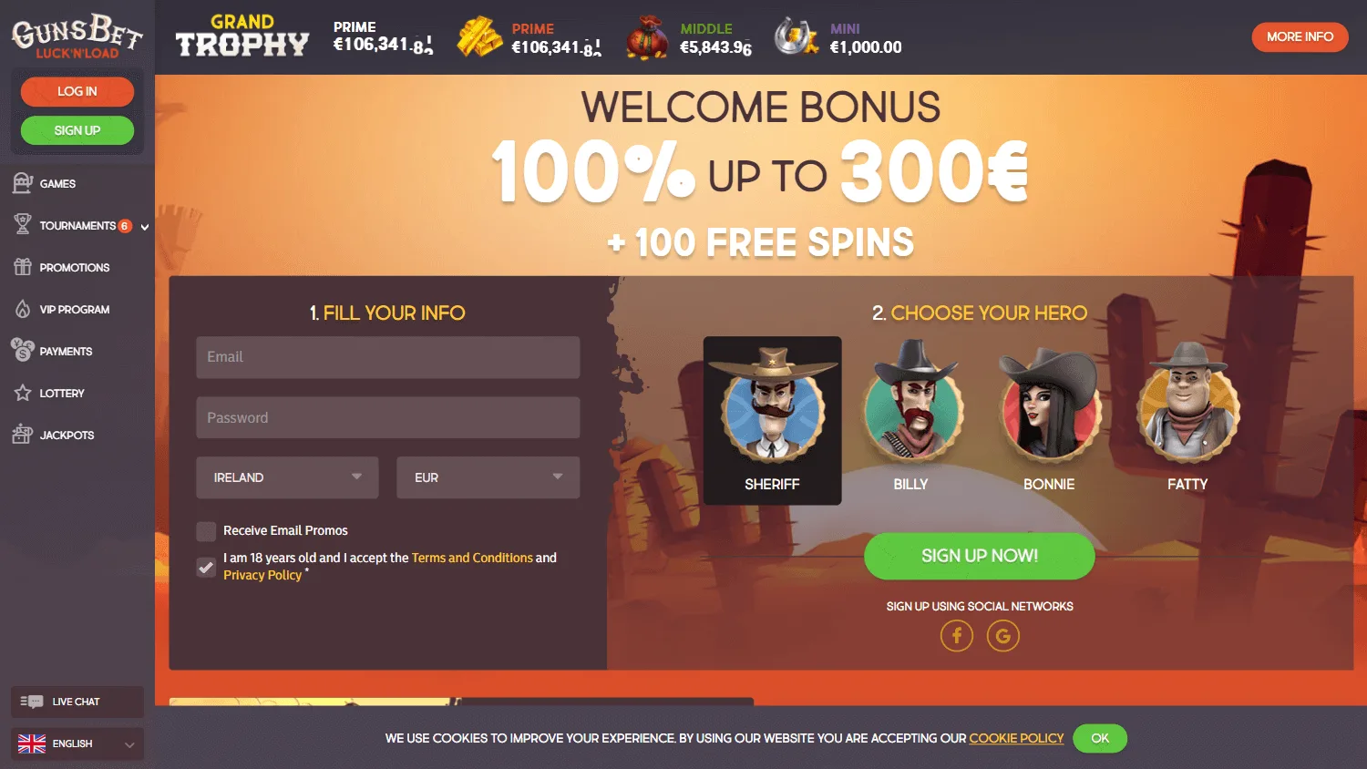 Gunsbet Casino desktop home interface with casino and sports betting access