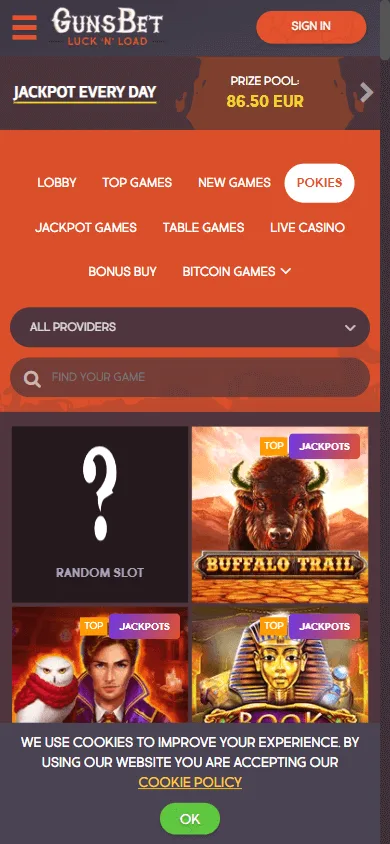Gunsbet Casino mobile games interface with casino categories and titles