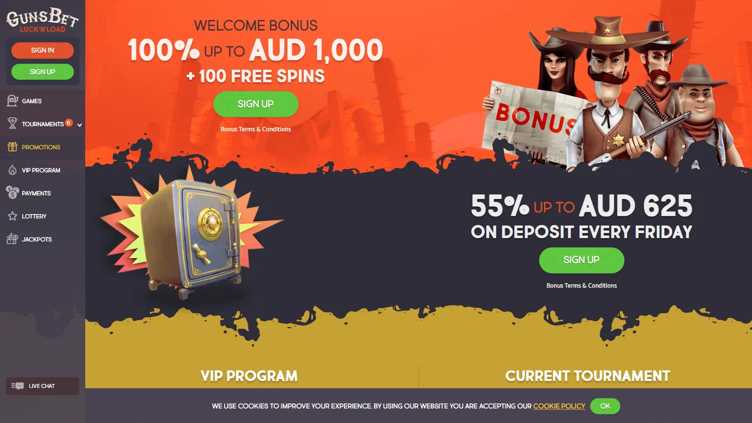 Gunsbet Casino desktop promotions interface with welcome and recurring offers