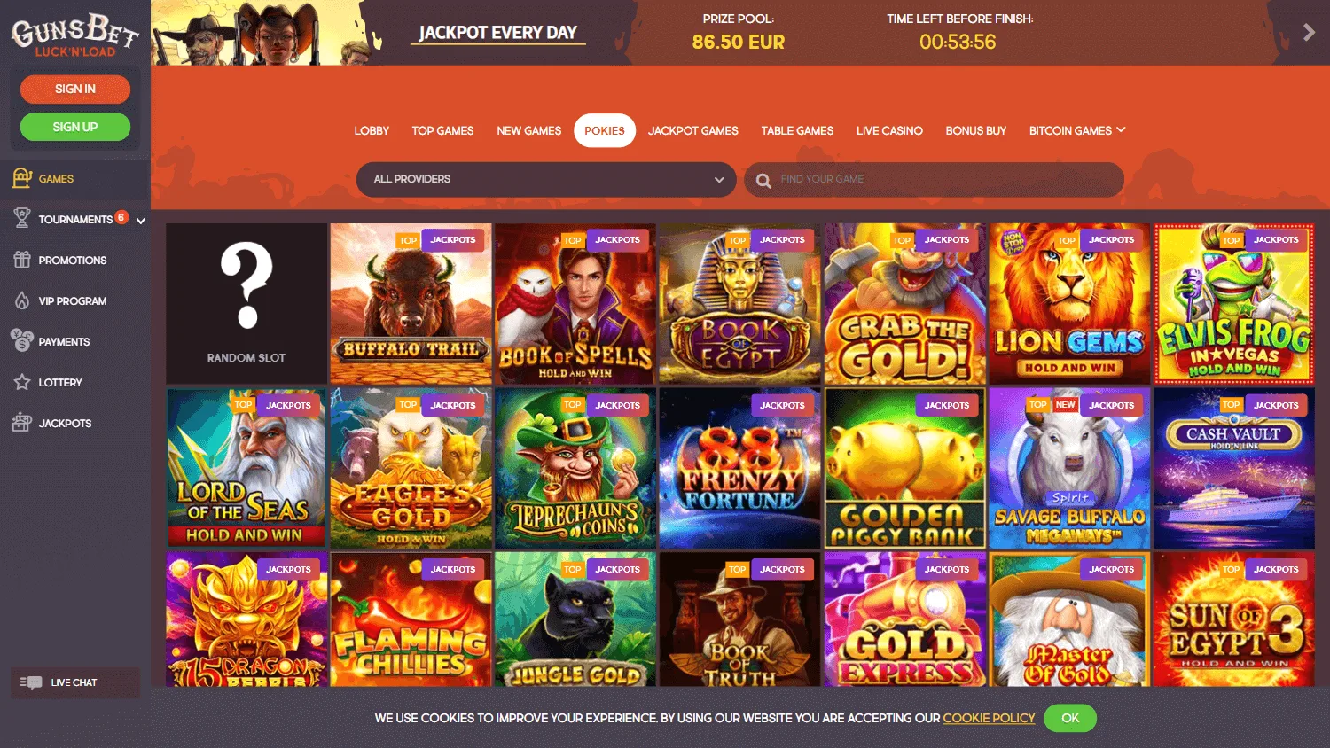 Gunsbet Casino desktop games interface with casino categories and titles
